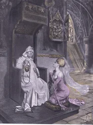 Dáma a mnich, ilustrace z Dekameronu z Boccaccia vydané Navarrskou společností 30. léta (litho)
