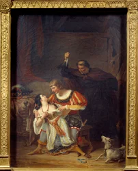 Arcijáhen Frollo a Esmeralda, Phoebus a Esmeralda v objetí; za Phoebem se objevuje Claude Frollo s dýkou, aby zabil svého soka v srdci cikánky. Ilustrace k dílu „Notre-Dame de Paris“ od Victora Huga (1802-1885). Obraz Augusta Coudera