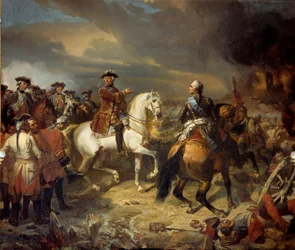 Bitvu u Lawfeldu vyhrál Marechal Saský 27. 7. 1747 Francouzská armáda krále Ludvíka XV. zvítězila nad Brity vévody z Cumberlandu. Obraz Louis Charles Auguste Couder (1789-1873) 1836 Ne. 4,65x5,43 m - Bitva u Lauffeldu