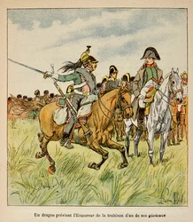 Ilustrace od Bombleda Louise (1862-1927) z knihy Hrabě Emmanuel de Las Cases (1766-1842): Drak varuje císaře před zradou jednoho z jeho generálů v bitvě u Waterloo v červnu 1815, soukromá sbírka.