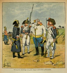 Ilustrace Bombled Louis (1862-1927) od hraběte Emmanuela de Las Cases (1766-1842): Během italského tažení vyslýchá Bonaparte rakouského vězeňského důstojníka, Private Collection