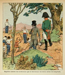 Ilustrace Bombled Louis (1862-1927) od hraběte Emmanuela de Las Cases „Památník svaté Heleny“ (1766-1842): Napoleon zkoumá opevnění, které kolem Longwoodu postavil guvernér Hudson Lowe (1769-1844), Soukromá sbírka