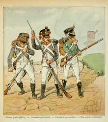 Ilustrace Bombled Louis (1862-1927) z knihy „Památník svaté Heleny“ od hraběte Emmanuela de Las Cases (1766-1842): Mladá garda z roku 1806: branný granátník; střelec granátník a lovec obránců, soukromá sbírka