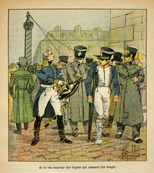 Ilustrace Bombled Louis (1862-1927) z knihy „Památník svaté Heleny“ od hraběte Emmanuela de Las Cases (1766-1842): Bývalý Napoleonův důstojník, který je v rekonstrukci, vyzývá bývalé brance, aby odmítli imperiální režim, Částečná sbírka