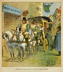 Ilustrace Bombled Louis (1862-1927) z knihy „Památník svaté Heleny“ od hraběte Emmanuela de Las Cases (1766-1842): Císař Napoleon jede v autě, aby se setkal se svou ženou Marií Louise v roce 1810, Soukromá sbírka