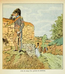 Ilustrace Bombled Louis (1862-1927) z knihy „Památník svaté Heleny“ od hraběte Emmanuela de Las Cases (1766-1842): Aide de camp divizního generála francouzské armády, soukromá sbírka