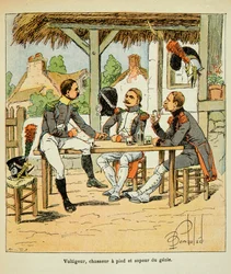 Ilustrace Bombled Louis (1862-1927) z knihy „Památník svaté Heleny“ od hraběte Emmanuela de Las Cases (1766-1842): Armee Francaise: Voltigeur; lovec a sapeur džina, soukromá sbírka