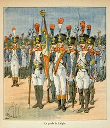 Ilustrace Bombled Louis (1862-1927) z knihy „Památník svaté Heleny“ od hraběte Emmanuela de Las Cases (1766-1842): The Guard of the Eagle (vytvořený Napoleonem na ochranu vlajky), Soukromá sbírka