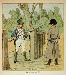 Ilustrace Bombled Louis (1862-1927) z knihy „Památník svaté Heleny“ od hraběte Emmanuela de Las Cases (1766-1842): Napoleon navštěvující určitá místa v předvečer bitvy zastavené stráží, Soukromá sbírka