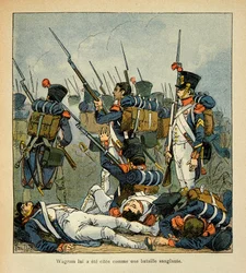 Ilustrace Bombled Louis (1862-1927) z knihy „The Memorial of Saint Helene“ od hraběte Emmanuela de Las Cases (1766-1842): Grognards v bitvě u Wagramu, soukromá sbírka