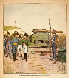 Ilustrace Bombled Louis (1862-1927) z knihy „Památník svaté Heleny“ od hraběte Emmanuela de Las Cases (1766-1842): Císař Napoleon po své abdikaci navštěvuje opevnění ostrova Aix, Soukromá sbírka