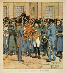 Ilustrace Bombled Louis (1862-1927) z knihy „Památník svaté Heleny“ od hraběte Emmanuela de Las Cases (1766-1842): Loučení Napoleona má jeho stráž ve Fontainebleau, soukromá sbírka