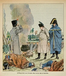 Ilustrace Bombled Louis (1862-1927) z knihy „Památník svaté Heleny“ od hraběte Emmanuela de Las Cases (1766-1842): Napoleon během bivaku jí chléb vojáků, soukromá sbírka