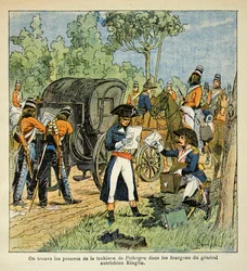 Ilustrace Bombled Louis (1862-1927) z knihy „Památník svaté Heleny“ od hraběte Emmanuela de Las Cases (1766-1842): Během plavby přes Rýn objeví Moreau korespondenci mezi Pichegrem a princem z Conde v roce dodávky z