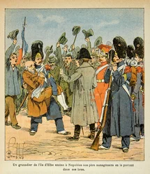 Ilustrace Bombled Louis (1862-1927) z knihy „Památník svaté Heleny“ od hraběte Emmanuela de Las Cases (1766-1842): Granátník přivádí svého nevlastního otce k Napoleonovi tak, že ho nese v náručí při návratu z ostrova Elba , svobodník plk