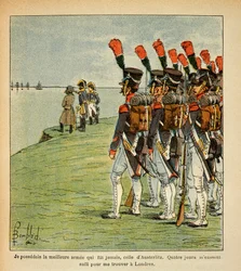 Ilustrace Bombled Louis (1862-1927) z knihy „Památník svaté Heleny“ od hraběte Emmanuela de Las Cases (1766-1842): Velká armáda v Boulogne, Císař Napoleon uvažuje o Anglii, kterou chce napadnout, Soukromá sbírka