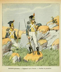 Ilustrace Bombled Louis (1862-1927) z knihy „Památník svaté Heleny“ od hraběte Emmanuela de Las Cases (1766-1842): Polská pěchota; pluk na Visle; střelec a granátník, soukromá sbírka