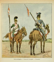 Ilustrace Bombleda Louise (1862-1927) z knihy "Památka svaté Heleny" od hraběte Emmanuela de Las Cases (1766-1842): Lehcí koně gardy: Francouzský a polský Lancier, soukromá sbírka