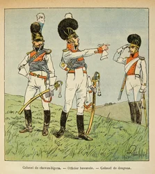 Ilustrace Bombled Louis (1862-1927) z knihy „Památník svaté Heleny“ od hraběte Emmanuela de Las Cases (1766-1842): Bavorská armáda: Plukovník lehkých koní; bavorský důstojník; Plukovník draků, soukromá sbírka