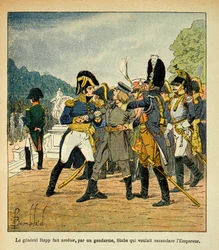 Ilustrace Louise Bombleda (1862-1927) z knihy „Paměti ze Svaté Heleny“ hraběte Emmanuela de Las Cases (1766-1842): generál Rapp nechává četníkem zatknout mladého Stabse, který chtěl zavraždit císaře Napoleona, Sbírka Partial