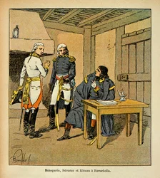 Ilustrace Bombled Louis (1862-1927) z knihy „Památník svaté Heleny“ od hraběte Emmanuela de Las Cases (1766-1842): Bonaparte, Jean Mathieu Philibert Serrurier (1742-1819) a Johann von Klenau (1758-1819 ) v Roverbellu během italské Ca