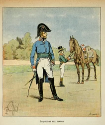 Ilustrace Bombled Louis (1862-1927) z knihy „Památník svaté Heleny“ od hraběte Emmanuela de Las Cases (1766-1842): Portrét inspektora v časopisech, soukromá sbírka