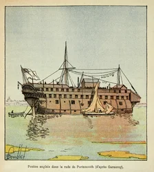 Ilustrace Bombled Louis (1862-1927) z knihy „The Memorial of Saint Helene“ od hraběte Emmanuela de Las Cases (1766-1842): Anglický ponton v přístavu Portsmouth sloužící jako vězení pro Francouze, soukromá sbírka
