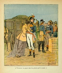 Ilustrace Bombled Louis (1862-1927) z knihy „Památník svaté Heleny“ od hraběte Emmanuela de Las Cases (1766-1842): Bonaparte uklidňuje Josephine po útoku na jeho auto během italské kampaně, Soukromá sbírka