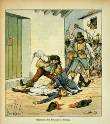 Ilustrace Bombled Louis (1862-1927) z knihy „Památník svaté Heleny“ od hraběte Emmanuela de Las Cases (1766-1842): Masakr francouzských vojáků ve Veroně, soukromá sbírka