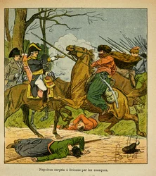 Ilustrace Bombled Louis (1862-1927) z knihy „Památník svaté Heleny“ od hraběte Emmanuela de Las Cases (1766-1842): Napoleon překvapil v Brienne kozáky, soukromá sbírka
