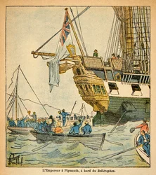 Ilustrace Bombled Louis (1862-1927) z knihy „Památník svaté Heleny“ od hraběte Emmanuela de Las Cases (1766-1842): Císař Napoleon na palubě Bellerophonu dorazil do Plymouthu v roce 1815, Soukromá sbírka