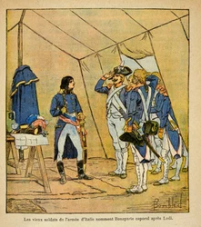 Ilustrace Bombled Louis (1862-1927) z knihy „Památník svaté Heleny“ od hraběte Emmanuela de Las Cases (1766-1842): Staří vojáci italské armády jménem Bonaparte desátník po bitvě u Lodi v roce 1796, vojín Sbírka