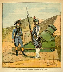 Ilustrace Bombled Louis (1862-1927) z knihy „Památník svaté Heleny“ od hraběte Emmanuela de Las Cases (1766-1842): V roce 1787 Napoleon Bonaparte vstoupil do pluku La Fere jako poručík v druhé soukromé sbírce