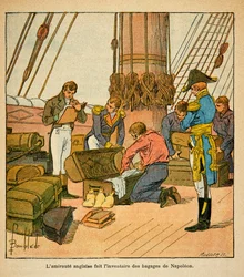 Ilustrace Bombled Louis (1862-1927) z knihy „Památník svaté Heleny“ od hraběte Emmanuela de Las Cases (1766-1842): Anglický admiraut provádí inventuru zavazadel císaře Napoleona před jeho odjezdem do St. Helene v roce 1815, Priva
