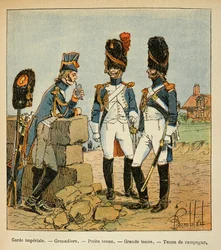 Ilustrace Bombled Louis (1862-1927) z knihy „Památník svaté Heleny“ od hraběte Emmanuela de Las Cases (1766-1842): Granátníci císařské gardy: Malé oblečení; velký outfit a venkovský outfit, soukromá sbírka