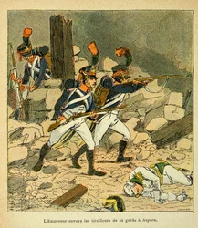 Ilustrace Bombled Louis (1862-1927) z knihy „Památník svaté Heleny“ od hraběte Emmanuela de Las Cases (1766-1842): Císař Napoleon poslal svou gardu do Aspernu během bitvy u Esslingu
