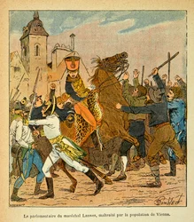 Ilustrace Bombled Louis (1862-1927) z knihy „Památník svaté Heleny“ od hraběte Emmanuela de Las Cases (1766-1842): Poslanec Marechala Lannese týraný obyvatelstvem Vídně, soukromá sbírka