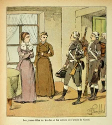 Ilustrace Bombled Louis (1862-1927) z knihy „Památník svaté Heleny“ od hraběte Emmanuela de Las Cases (1766-1842): Mladé dcery z Verdunu a vojáci Armee of Conde (Armee des Emigrres), Soukromá sbírka
