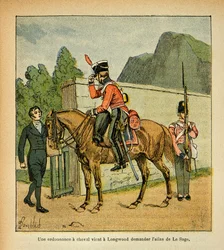 Ilustrace Bombled Louis (1862-1927) z knihy „Památník svaté Heleny“ od hraběte Emmanuela de Las Cases (1766-1842): Do Longwoodu přichází obřad pro koně s žádostí o atlas Le Sage, Collection Partial