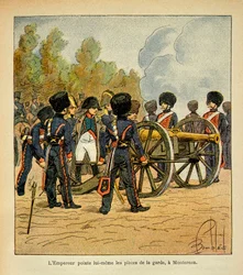Ilustrace Bombled Louis (1862-1927) z knihy „Památník svaté Heleny“ od hraběte Emmanuela de Las Cases (1766-1842): Sám císař Napoleon míří zbraněmi gardy v bitvě u Montereau, soukromá sbírka