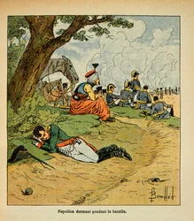 Ilustrace Bombled Louis (1862-1927) z knihy „Památník svaté Heleny“ od hraběte Emmanuela de Las Cases (1766-1842): Císař Napoleon spí během bitvy, soukromá sbírka