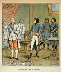 Ilustrace Bombled Louis (1862-1927) z knihy „Památník sv. Heleny“ od hraběte Emmanuela de Las Cases (1766-1842): Rozhovor mezi Bonapartem a hrabětem Louisem Cobenzlem, rakouským kancléřem během obchodu Campo Formio, Soukromá sbírka