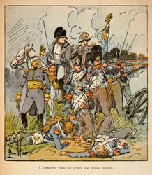 Ilustrace Bombled Louis (1862-1927) z knihy „Památník sv. Heleny“ od hraběte Emmanuela de Las Cases (1766-1842): Císař Napoleon v bitvě u Waterloo v roce 1815, soukromá sbírka