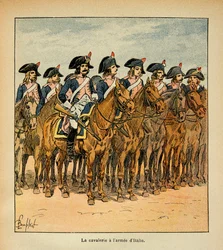 Ilustrace Bombled Louis (1862-1927) z knihy „Památník sv. Heleny“ od hraběte Emmanuela de Las Cases (1766-1842): Kavalérie s Armee Itálie, soukromá sbírka