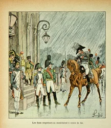 Ilustrace Bombled Louis (1862-1927) z knihy „Památník sv. Heleny“ od hraběte Emmanuela de Las Cases (1766-1842): Císař Napoleon, pruský král a car Alexandr I. (1777-1825) v Tilsittu Smlouva z roku 1807, Soukromá sbírka