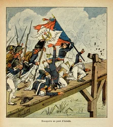 Ilustrace Bombled Louis (1862-1927) z knihy „The memorial se Sainte Helene“ od hraběte Emmanuela de Las Cases (1766-1842): Bonaparte u mostu Arcole, soukromá sbírka