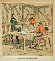Ilustrace Bombardovaného Louise (1862-1927) od hraběte Emmanuela de Las Cases (1766-1842): Guvernér Hudson Lowe (1769-1844) zpochybňuje Las Cases, soukromá sbírka