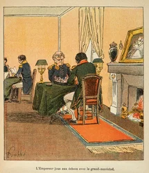 Ilustrace Bombardovaného Louise (1862-1927) z knihy „Památník svaté Heleny“ od hraběte Emmanuela de Las Cases (1766-1842): Napoleon a Grand Marechal Henri Gatien Bertrand (1773-1844) hrající šachy v srpnu 1816 v Ste Helene, Soukromá sbírka