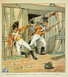 Ilustrace Bombardovaného Louise (1862-1927) z knihy „Památník svaté Heleny“ od hraběte Emmanuela de Las Cases (1766-1842): Švýcarská pěchota: Granátník 1. pluku a střelec 2., 3. a 3. pluku, Soukromá sbírka