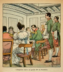 Ilustrace Bombardovaného Ludvíka (1862-1927) z knihy „Památník svaté Heleny“ od hraběte Emmanuela de Las Cases (1766-1842): Večeře císaře Napoleona na palubě Northumberland na cestě do St. Helene s paní De Montholon po její levici, vojíne